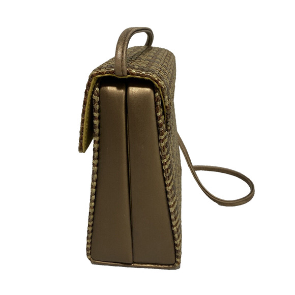 Vintage Mid Century Box Style Purse Shoulder Bag Brown Gold Woven Elegant Chic - Picture 6 of 14